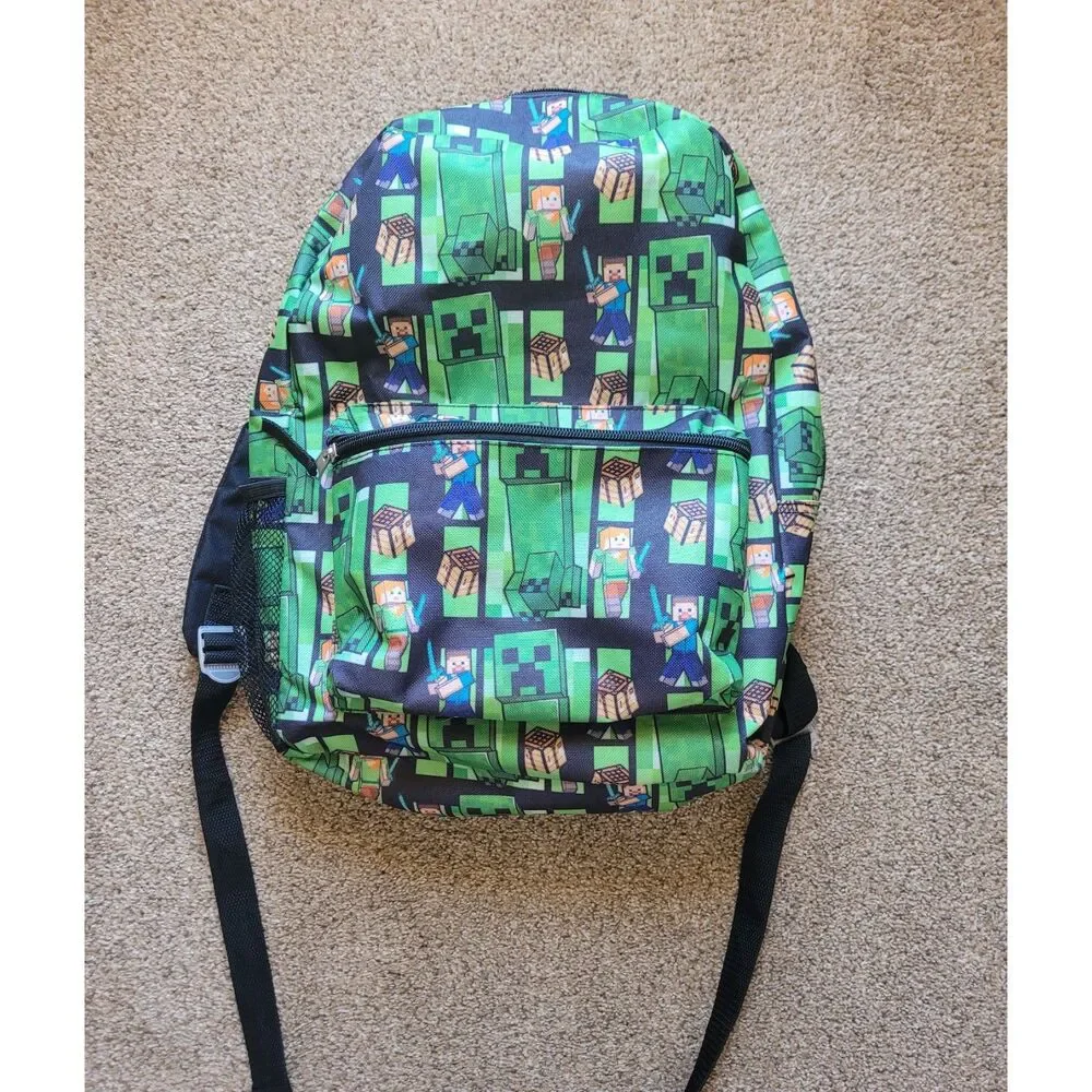 Minecraft Backpack Kids Boys Full Size Creeper Green Black Back to School